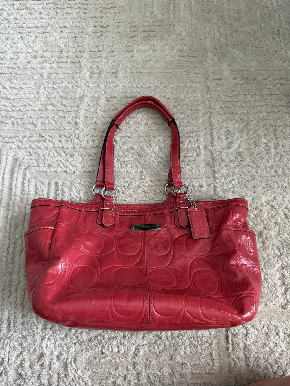 Coach Coral Pink Signature Embossed Patent Leather Tote